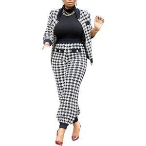 2 Pcs Work Suit, Women's Houndstooth Print Buttons Open Front Long Sleeve Coat